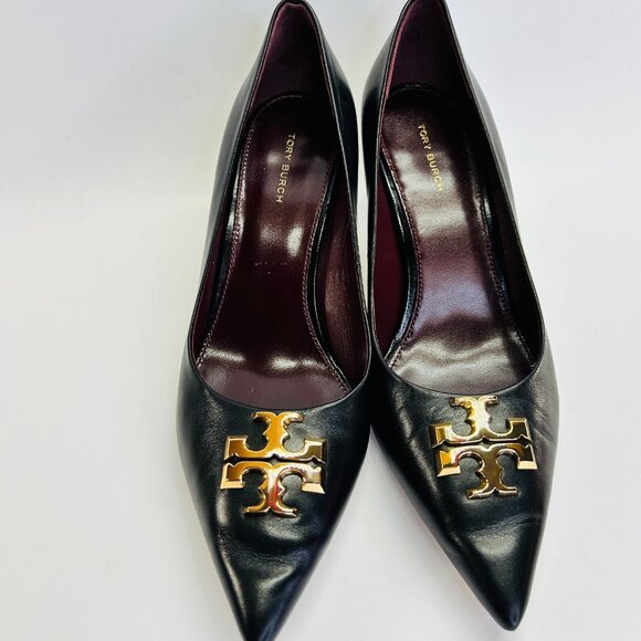 Tory Burch Eleanor Pointed Toe Leather Pump Size 8 Black Kitten Heel Classic - Picture 4 of 16